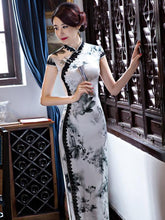 Lacy Ink&Lotus Print Long Cheongsam Dress
